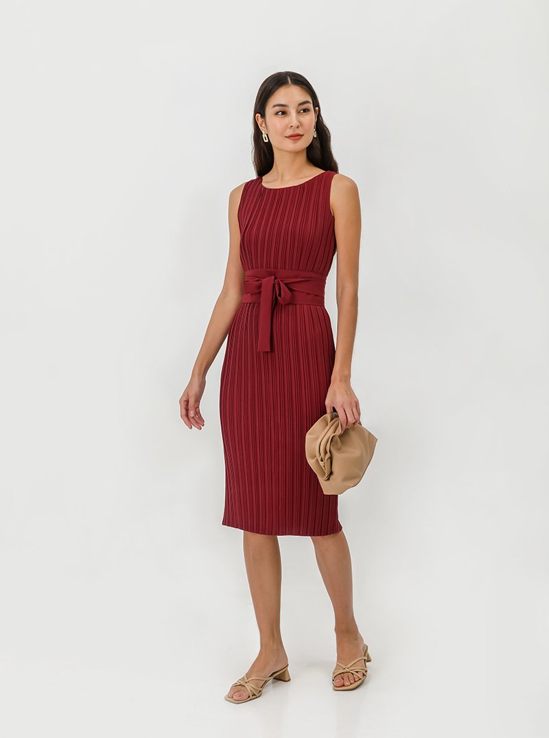 ZANIA PLEATED MIDI COLUMN DRESS W BELT