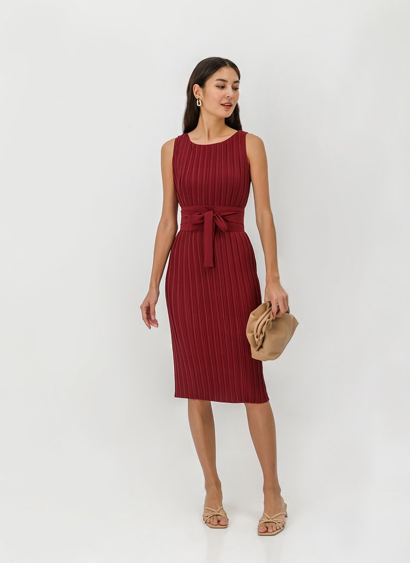 ZANIA PLEATED MIDI COLUMN DRESS W BELT
