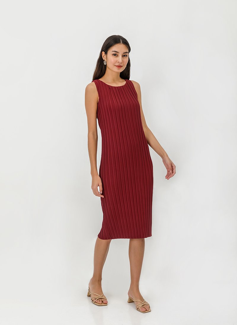 ZANIA PLEATED MIDI COLUMN DRESS W BELT