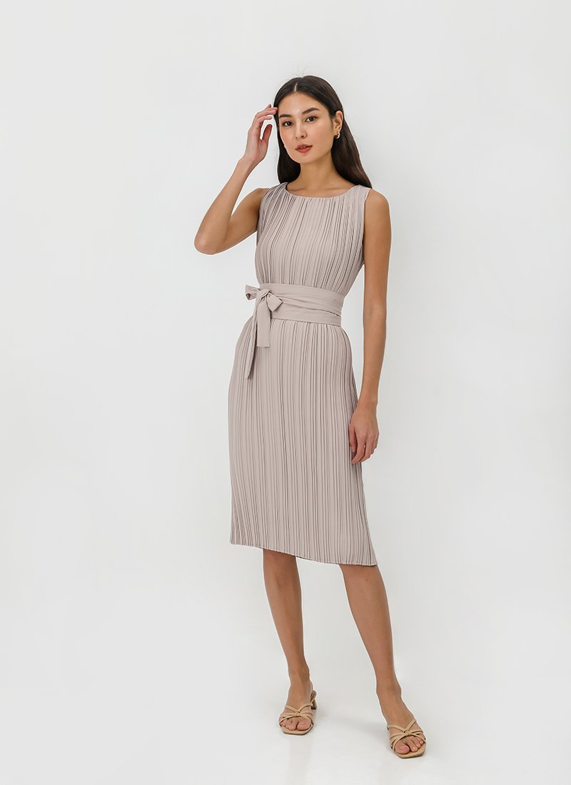 ZANIA PLEATED MIDI COLUMN DRESS W BELT
