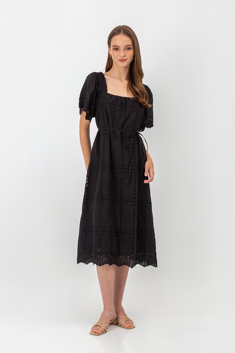 KRYSTAL EYELET FLUTTER SLEEVE MIDI DRESS W SASH