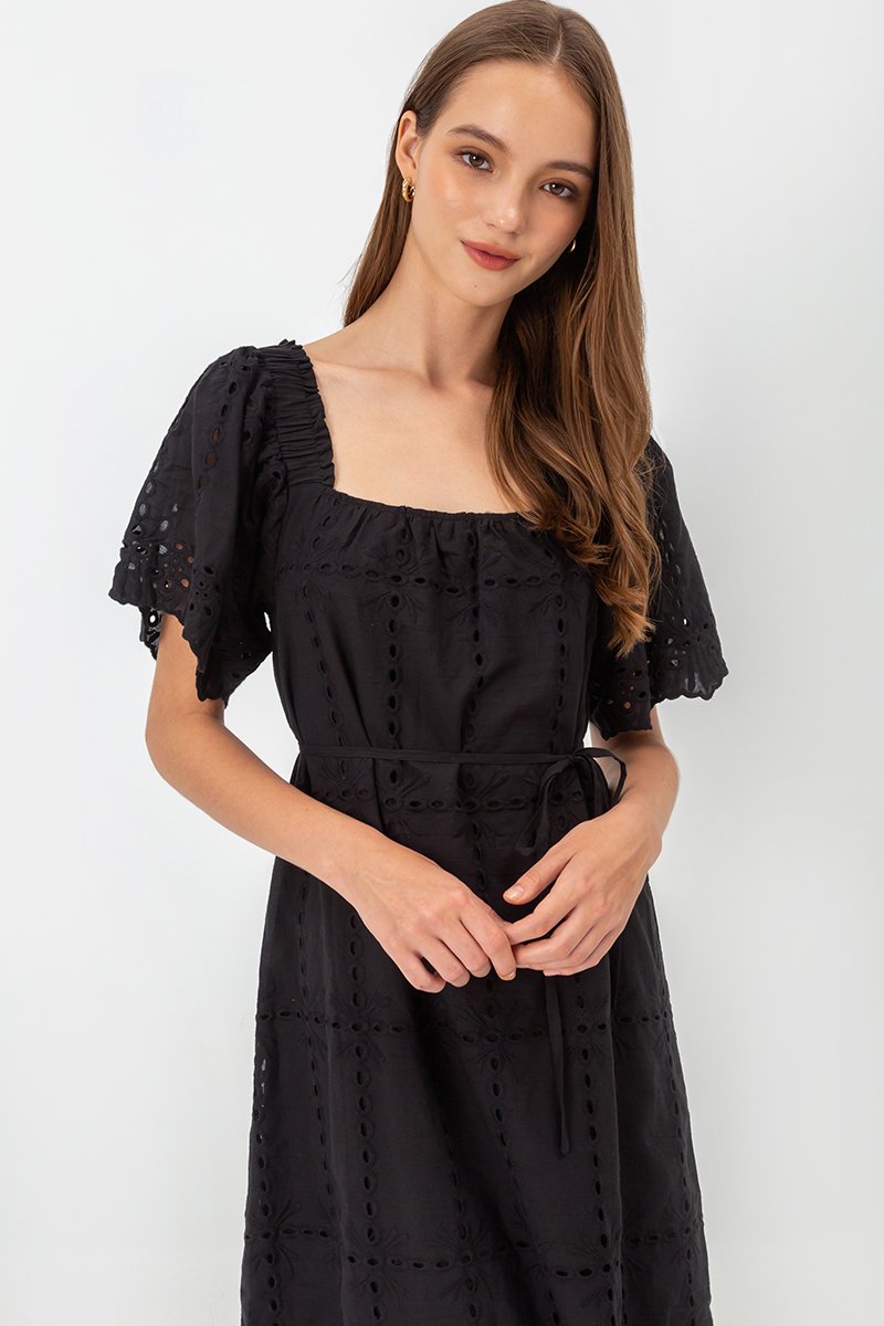 KRYSTAL EYELET FLUTTER SLEEVE MIDI DRESS W SASH