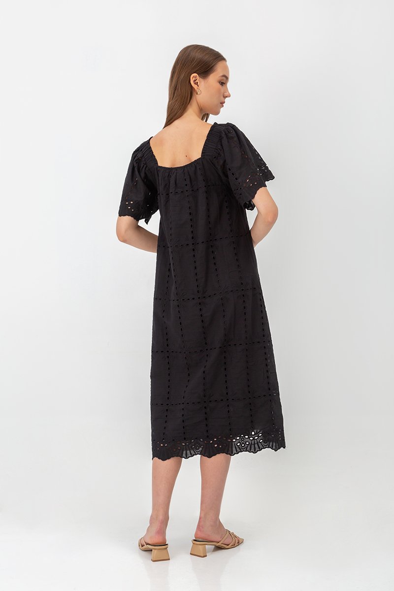 KRYSTAL EYELET FLUTTER SLEEVE MIDI DRESS W SASH