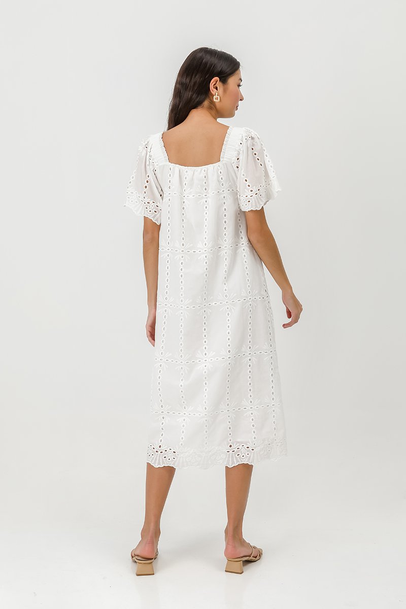 KRYSTAL EYELET FLUTTER SLEEVE MIDI DRESS W SASH