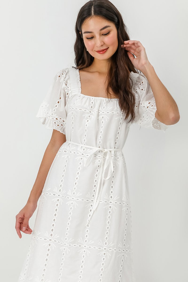 KRYSTAL EYELET FLUTTER SLEEVE MIDI DRESS W SASH