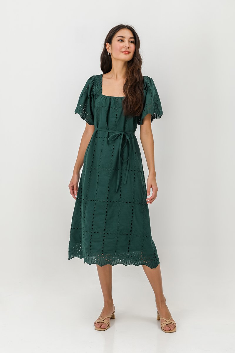 KRYSTAL EYELET FLUTTER SLEEVE MIDI DRESS W SASH