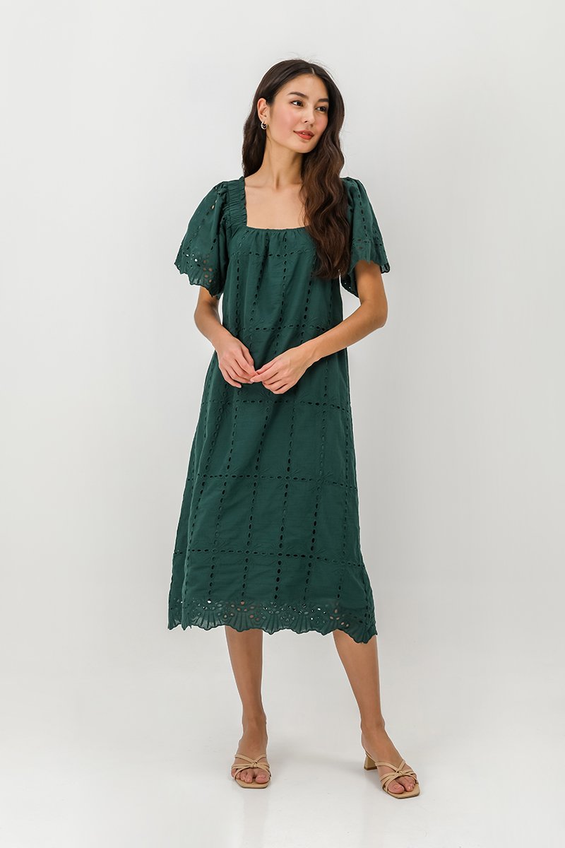 KRYSTAL EYELET FLUTTER SLEEVE MIDI DRESS W SASH