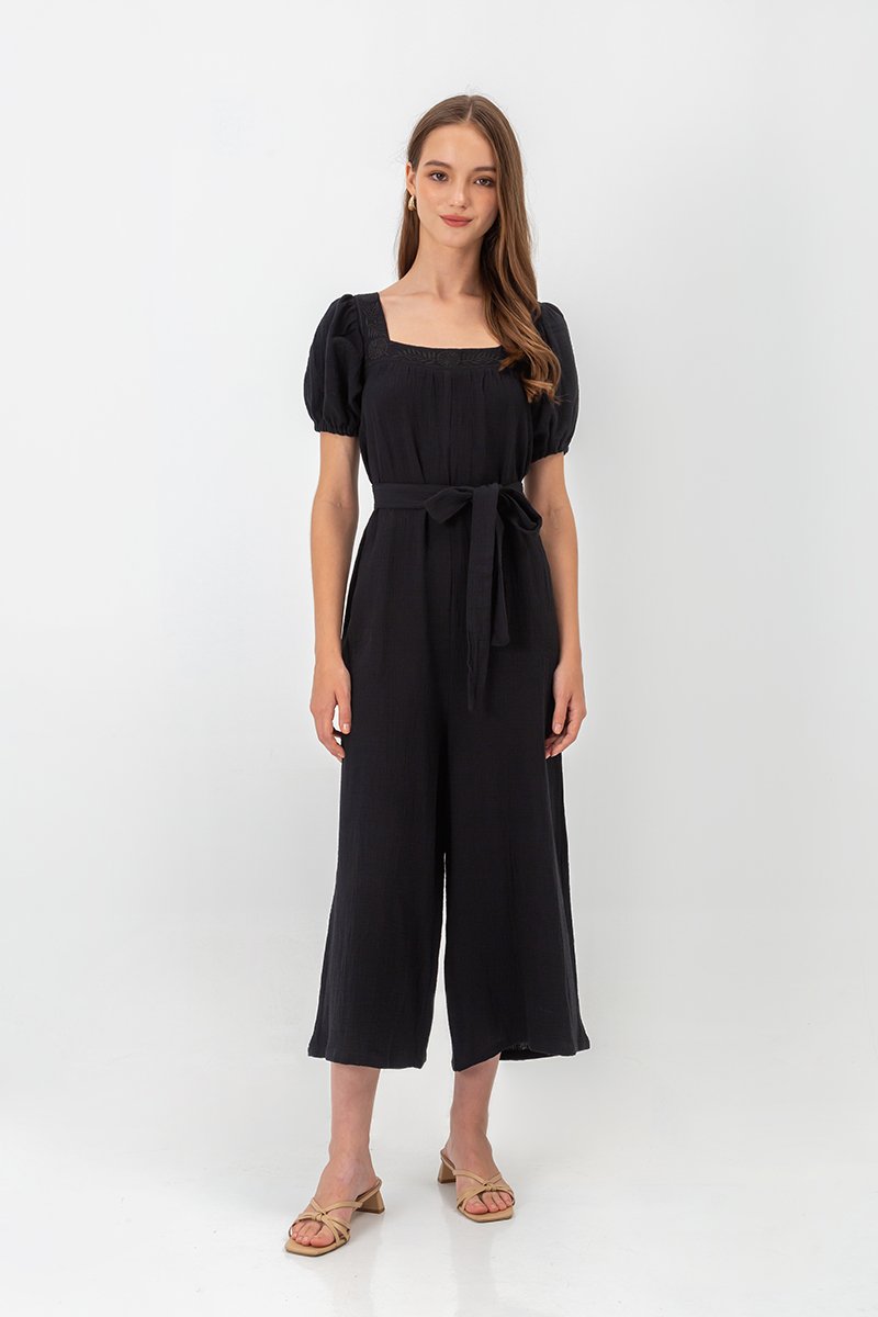 VIKTORIA EMBROIDERED PUFF SLEEVE JUMPSUIT W SASH