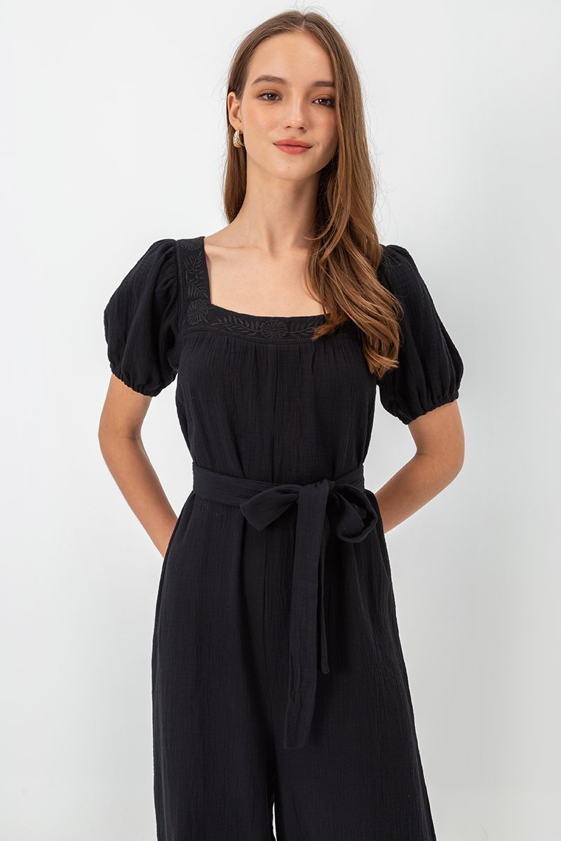 VIKTORIA EMBROIDERED PUFF SLEEVE JUMPSUIT W SASH