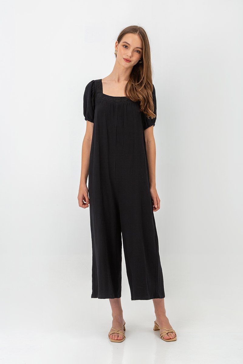 VIKTORIA EMBROIDERED PUFF SLEEVE JUMPSUIT W SASH