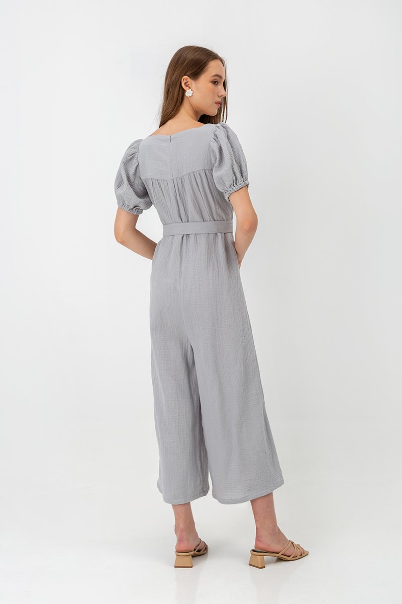 VIKTORIA EMBROIDERED PUFF SLEEVE JUMPSUIT W SASH