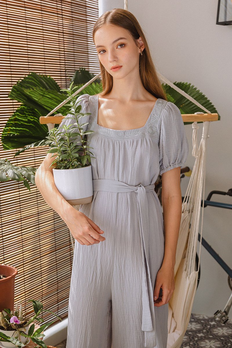 VIKTORIA EMBROIDERED PUFF SLEEVE JUMPSUIT W SASH