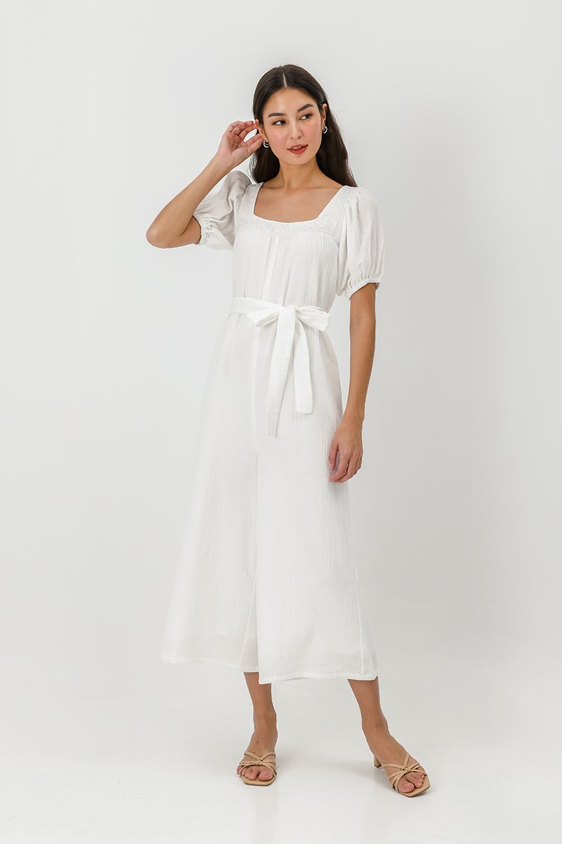 VIKTORIA EMBROIDERED PUFF SLEEVE JUMPSUIT W SASH