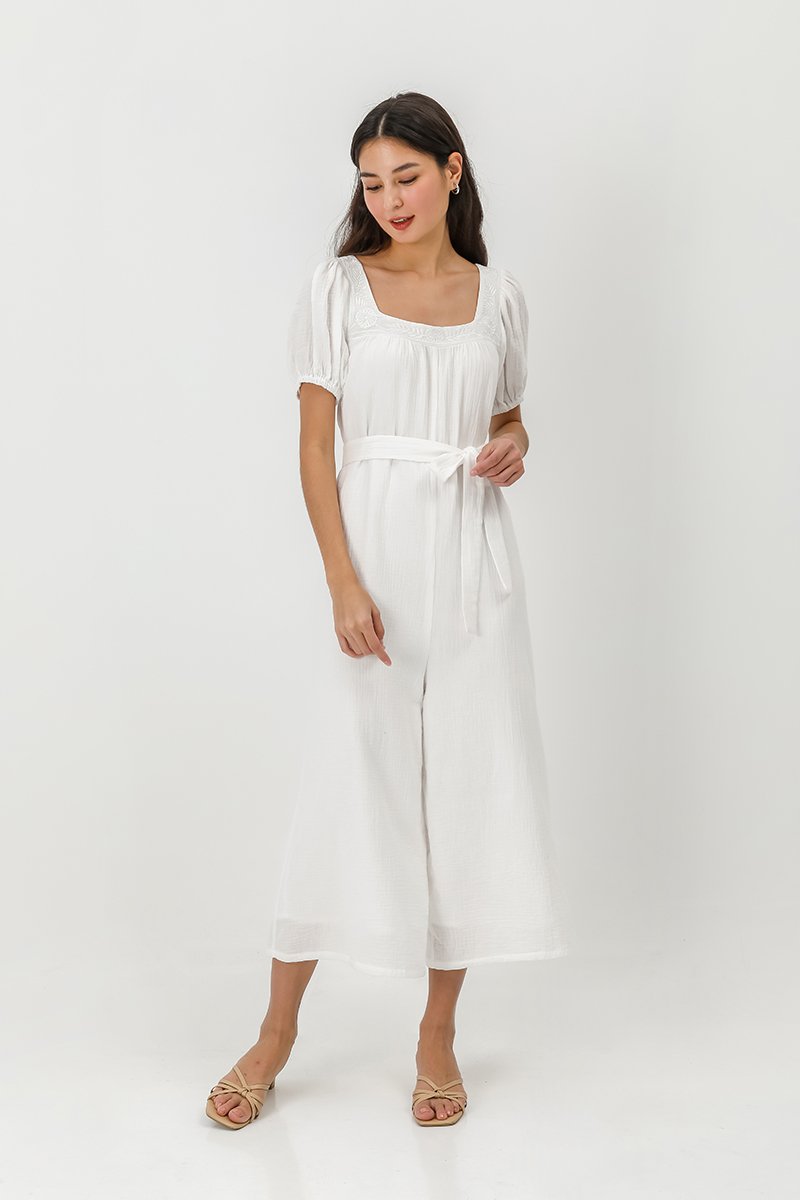 VIKTORIA EMBROIDERED PUFF SLEEVE JUMPSUIT W SASH
