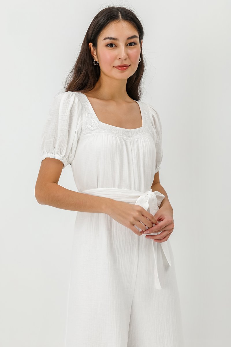 VIKTORIA EMBROIDERED PUFF SLEEVE JUMPSUIT W SASH