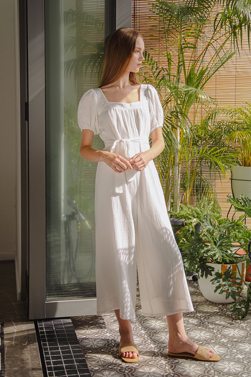 VIKTORIA EMBROIDERED PUFF SLEEVE JUMPSUIT W SASH