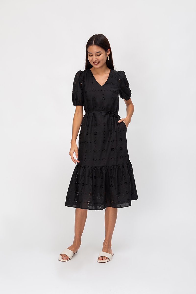 SERA EYELET DROPWAIST MIDI DRESS W SASH