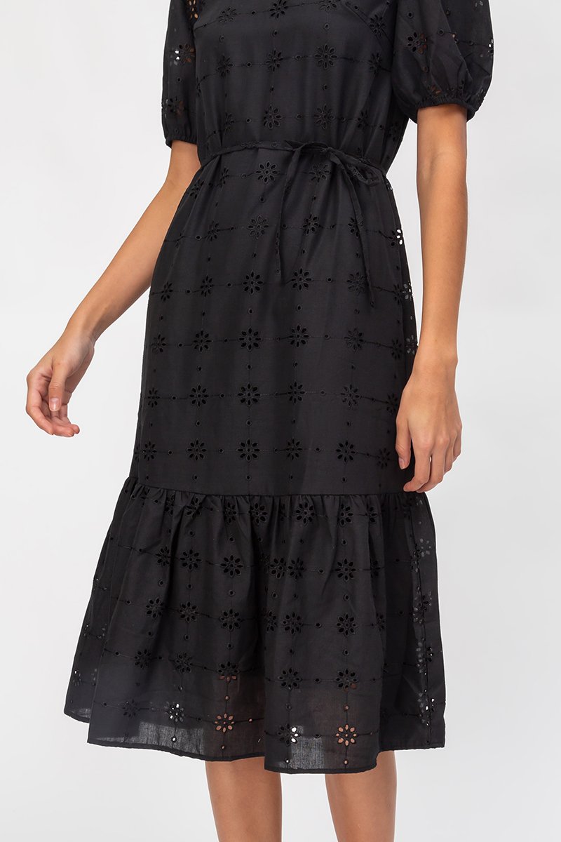 SERA EYELET DROPWAIST MIDI DRESS W SASH