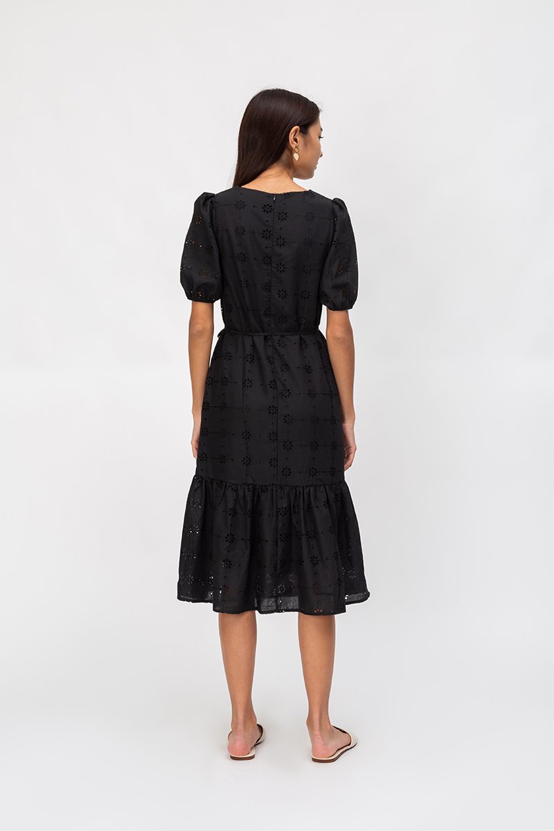 SERA EYELET DROPWAIST MIDI DRESS W SASH