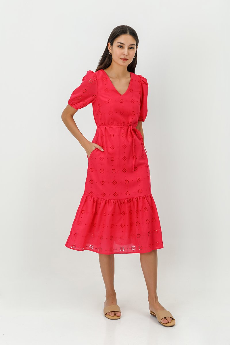SERA EYELET DROPWAIST MIDI DRESS W SASH