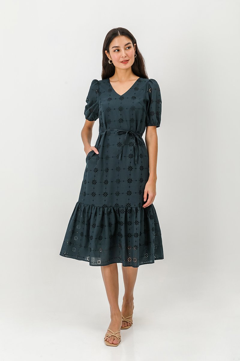 SERA EYELET DROPWAIST MIDI DRESS W SASH