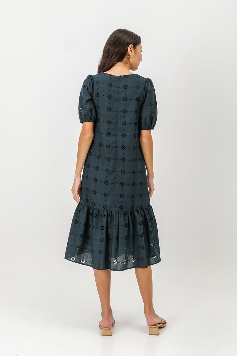 SERA EYELET DROPWAIST MIDI DRESS W SASH