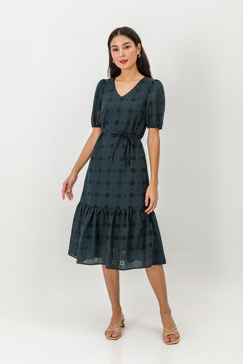 SERA EYELET DROPWAIST MIDI DRESS W SASH