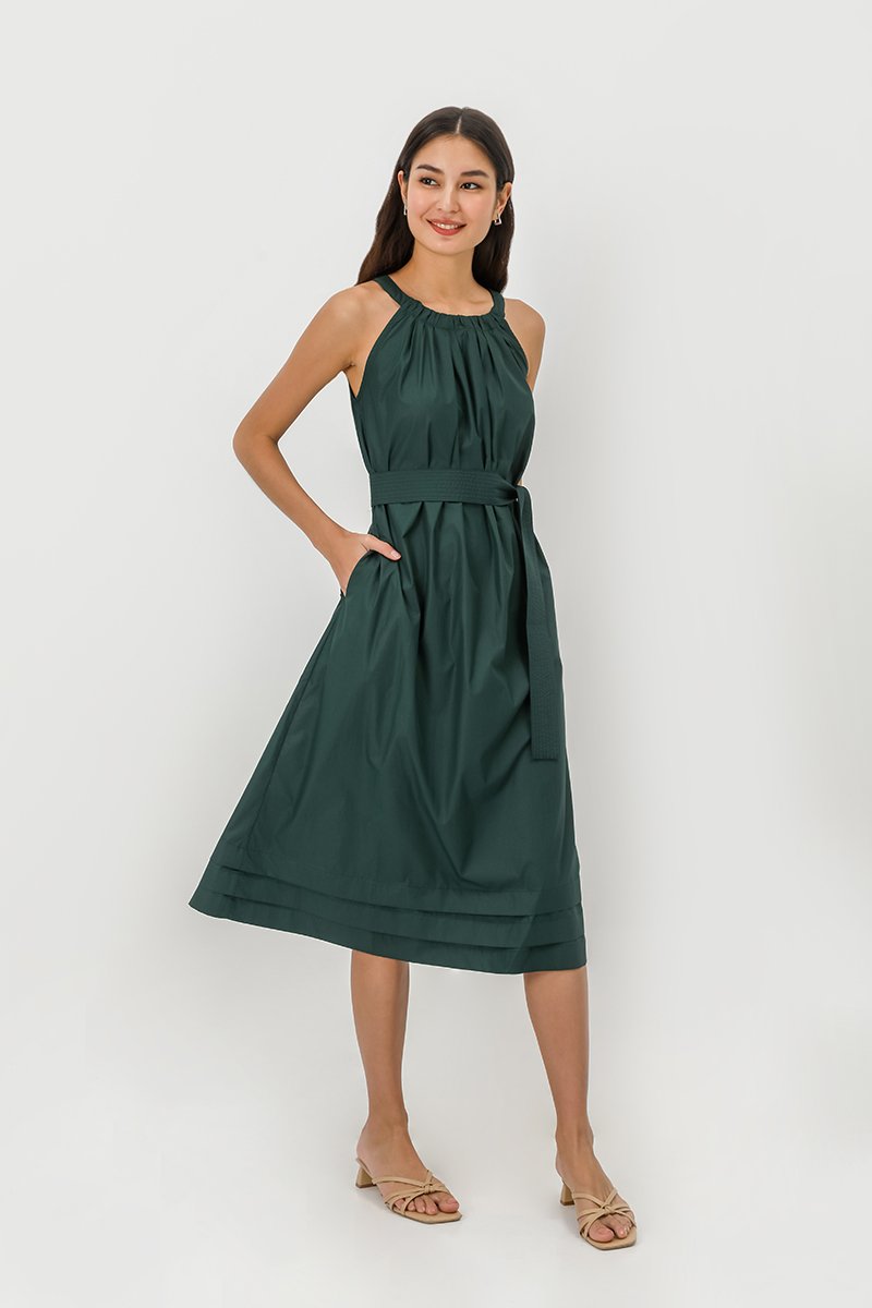 MADELAINE PLEATED MIDI DRESS W BELT