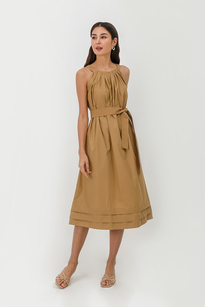 MADELAINE PLEATED MIDI DRESS W BELT