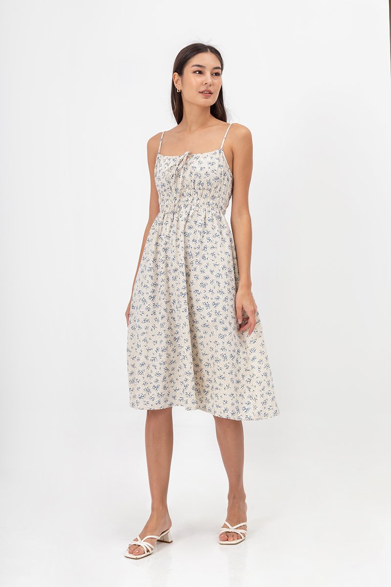 LILIAN FLORAL ELASTIC RIBBON TIE MIDI DRESS