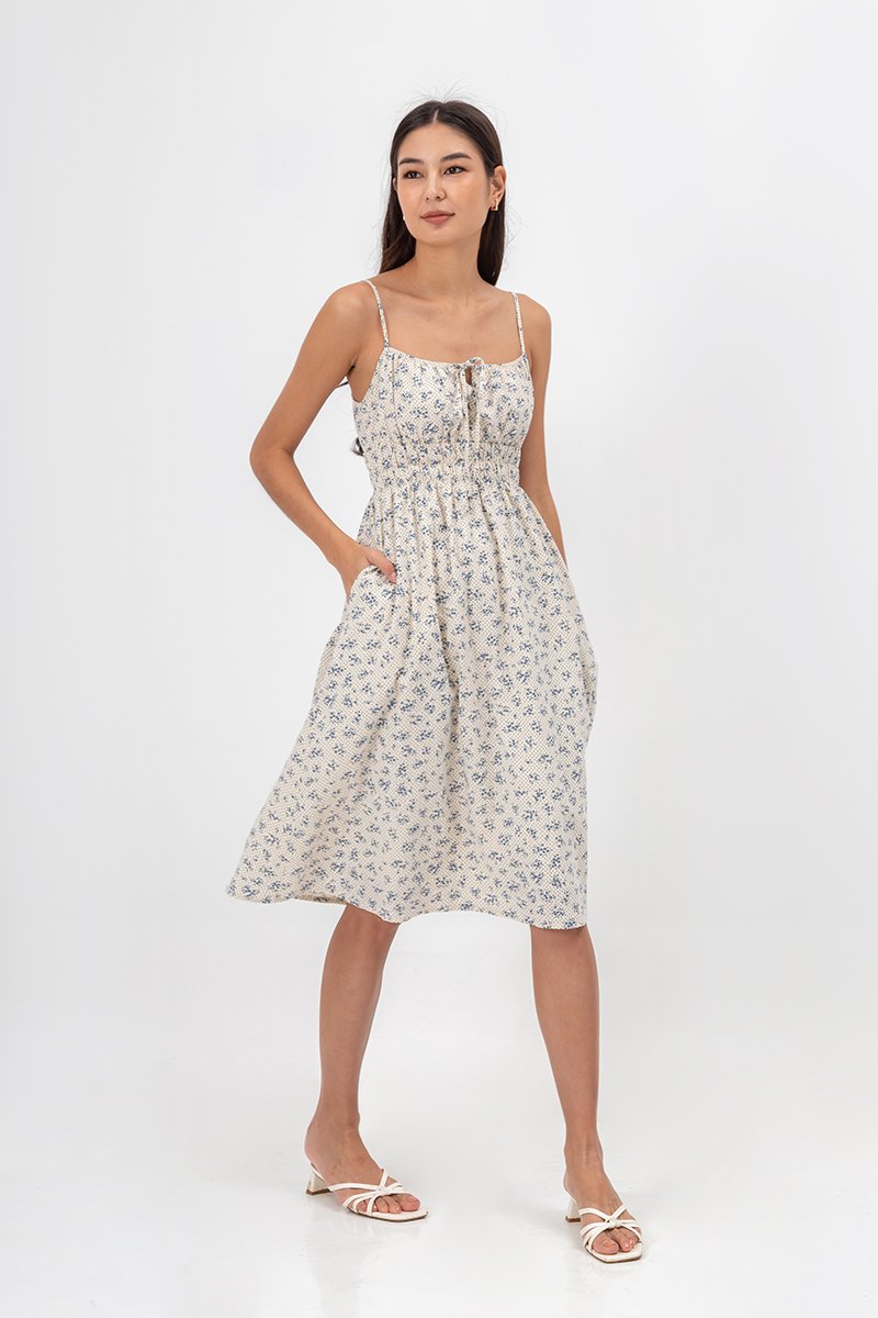 LILIAN FLORAL ELASTIC RIBBON TIE MIDI DRESS