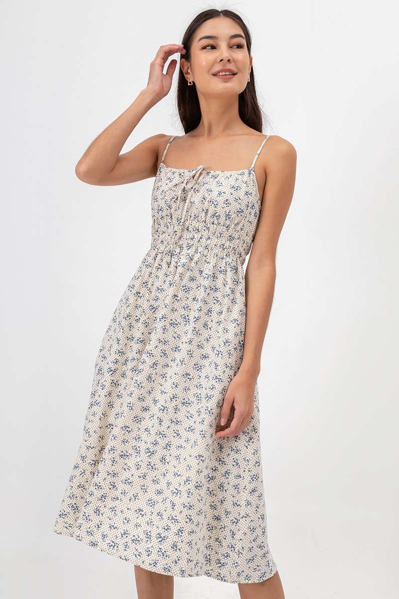 LILIAN FLORAL ELASTIC RIBBON TIE MIDI DRESS