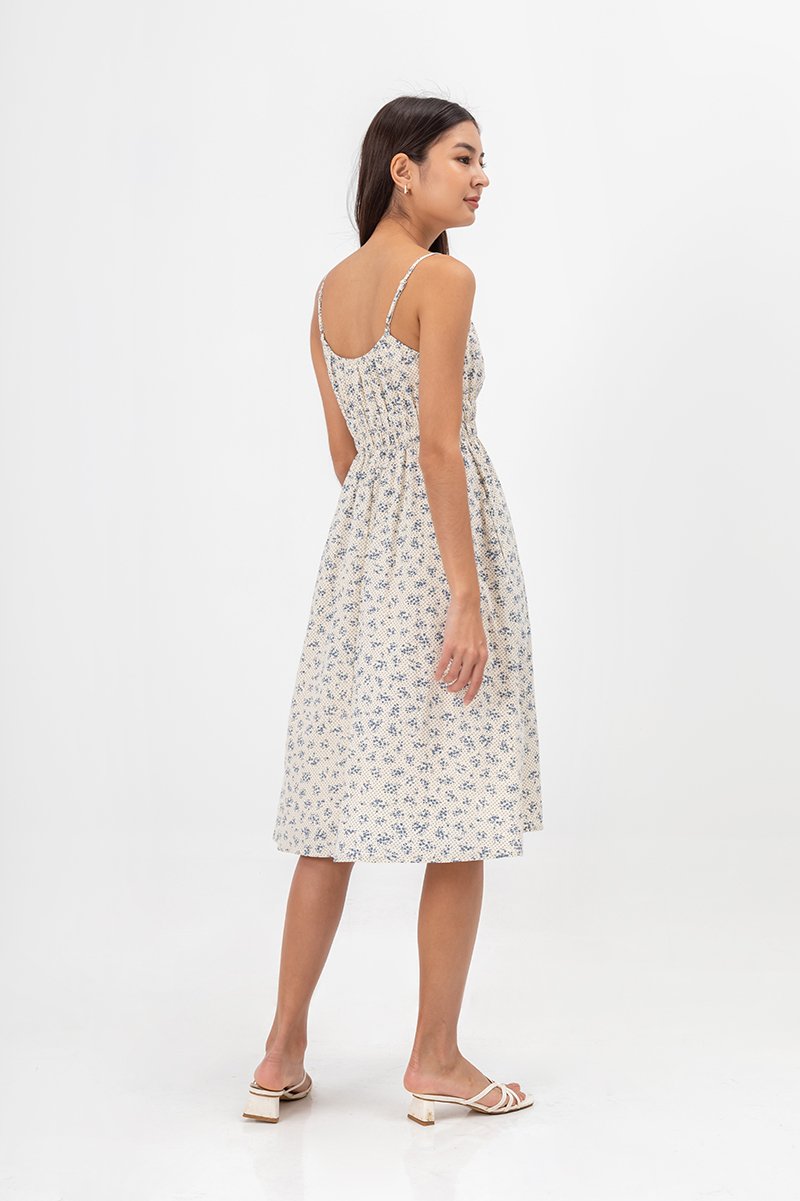 LILIAN FLORAL ELASTIC RIBBON TIE MIDI DRESS