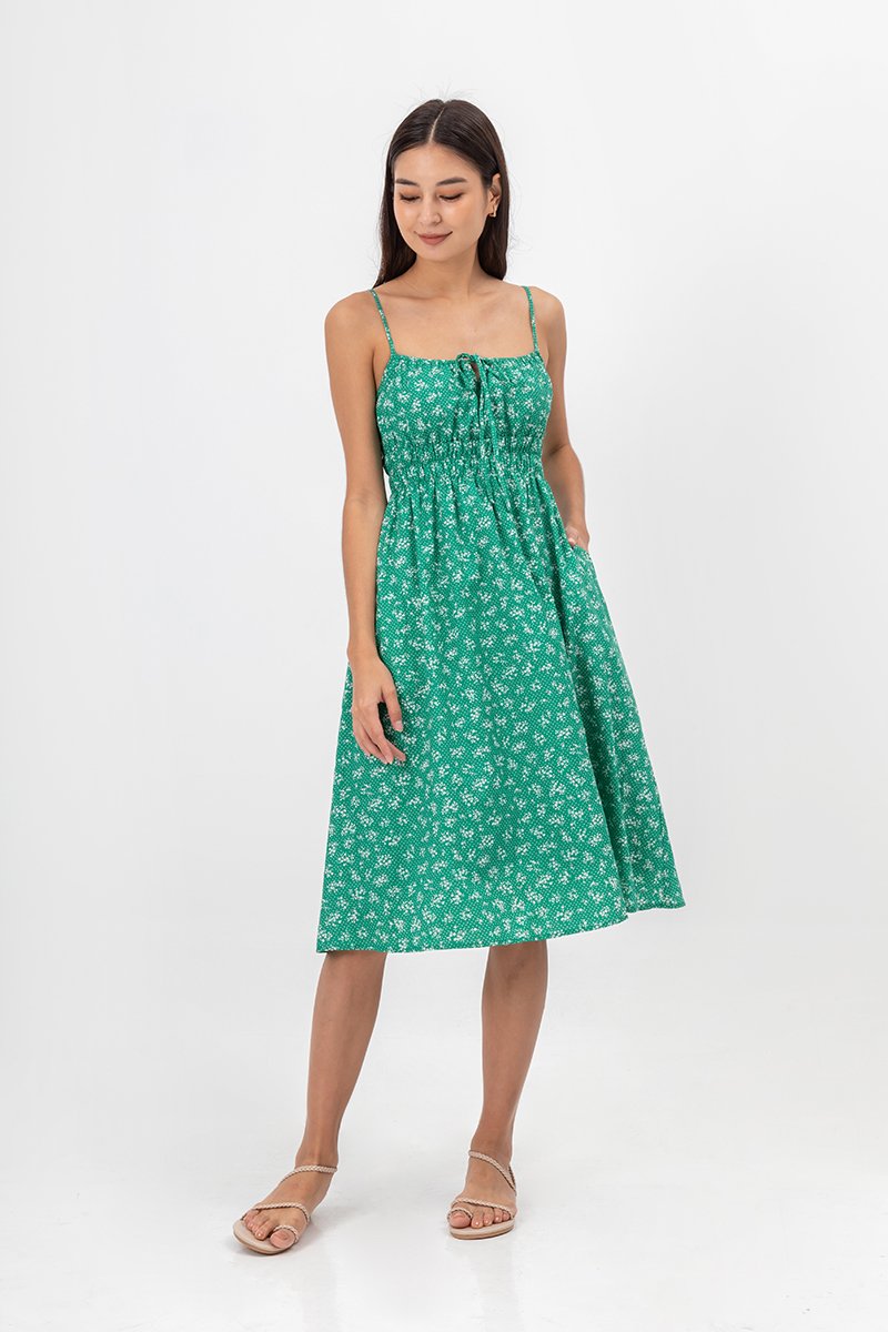 LILIAN FLORAL ELASTIC RIBBON TIE MIDI DRESS