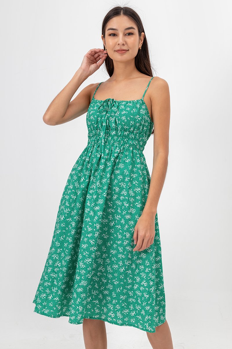 LILIAN FLORAL ELASTIC RIBBON TIE MIDI DRESS