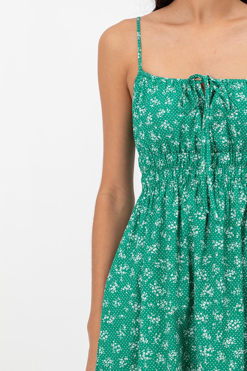 LILIAN FLORAL ELASTIC RIBBON TIE MIDI DRESS