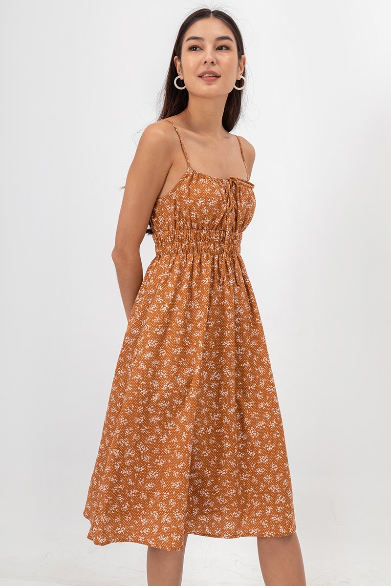 LILIAN FLORAL ELASTIC RIBBON TIE MIDI DRESS