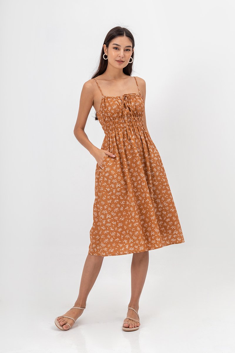 LILIAN FLORAL ELASTIC RIBBON TIE MIDI DRESS