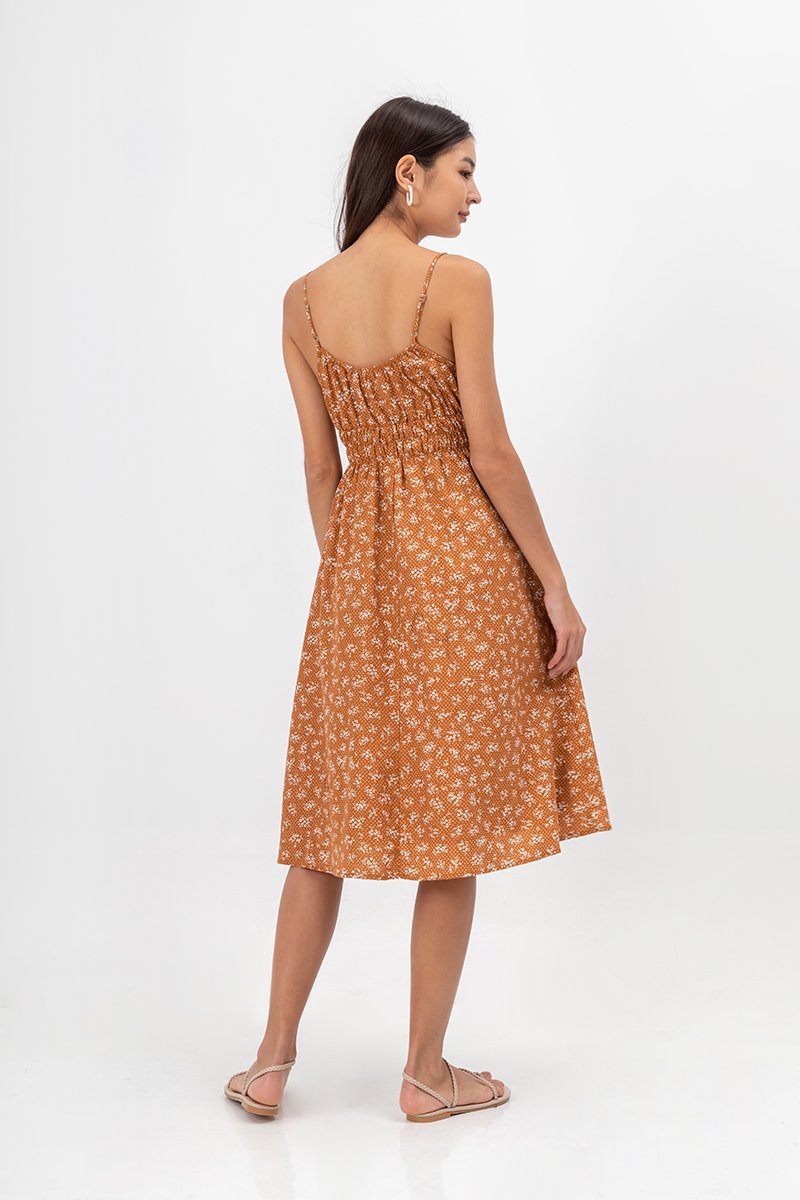 LILIAN FLORAL ELASTIC RIBBON TIE MIDI DRESS