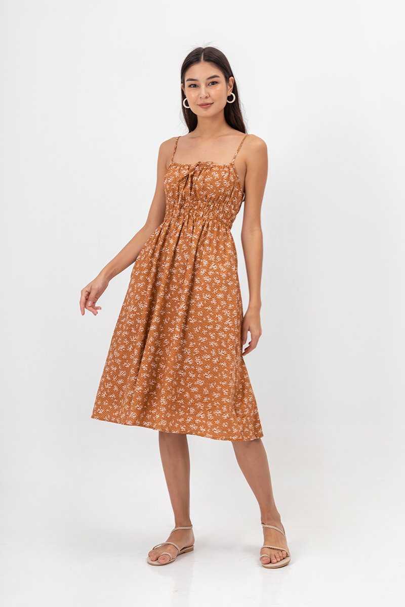 LILIAN FLORAL ELASTIC RIBBON TIE MIDI DRESS