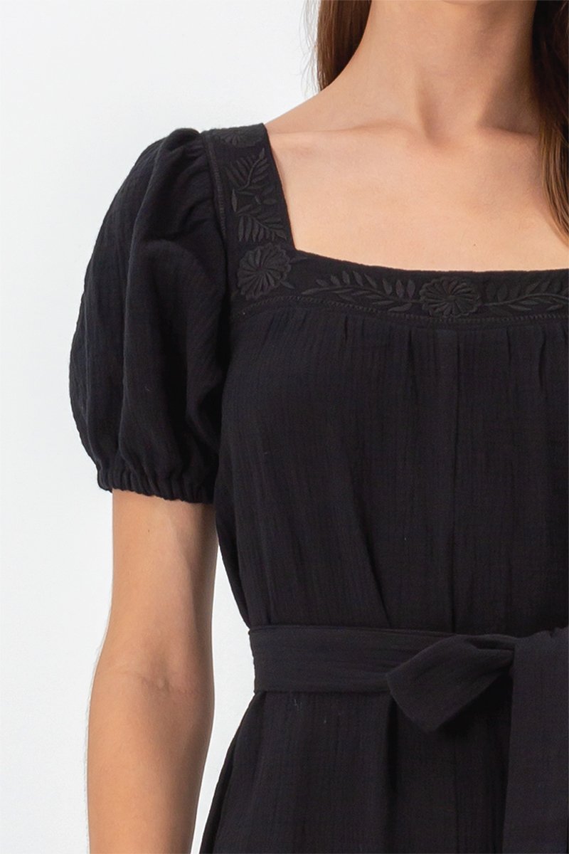 VIKTORIA EMBROIDERED PUFF SLEEVE JUMPSUIT W SASH