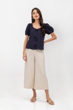 KAIRIS RIBBON TIE PUFF SLEEVE LINEN TOP