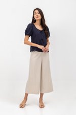 KAIRIS RIBBON TIE PUFF SLEEVE LINEN TOP