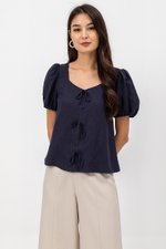 KAIRIS RIBBON TIE PUFF SLEEVE LINEN TOP