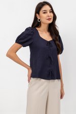 KAIRIS RIBBON TIE PUFF SLEEVE LINEN TOP