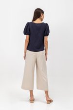 KAIRIS RIBBON TIE PUFF SLEEVE LINEN TOP
