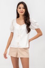 KAIRIS RIBBON TIE PUFF SLEEVE LINEN TOP