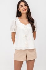 KAIRIS RIBBON TIE PUFF SLEEVE LINEN TOP