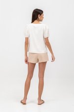 KAIRIS RIBBON TIE PUFF SLEEVE LINEN TOP