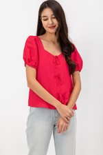 KAIRIS RIBBON TIE PUFF SLEEVE LINEN TOP